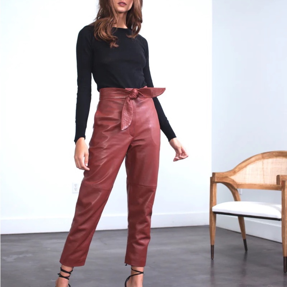 Karina Grimaldi cognac brown high waisted leather pants genuine leather, lamb